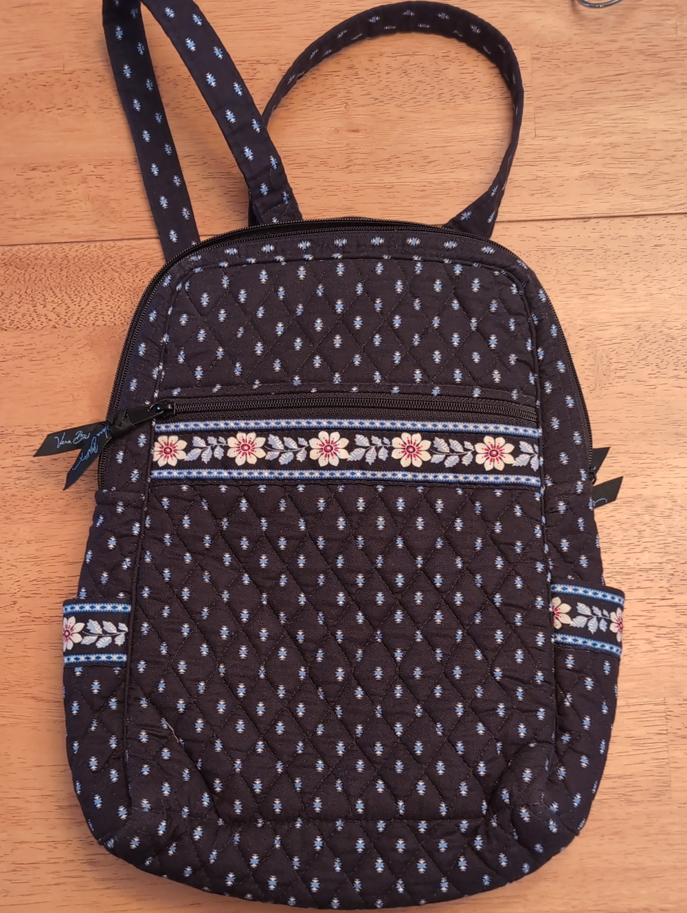Vera Bradley Black Quilted Backpack with Blue and Cream Floral Trim